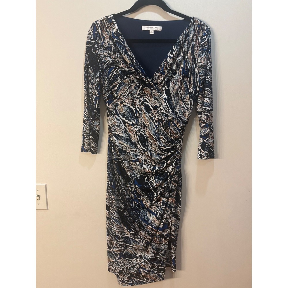 Evan Picone Snakeskin Print Sheath‎ Dress Ruched Bodycon 3/4 Sleeve Size 4